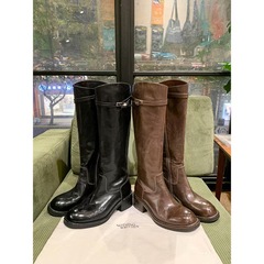 【sheii苏茵茵】战靴~圆头锁扣加绒粗跟高筒靴女骑士靴金属装饰