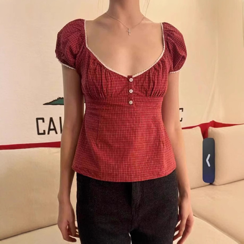 BM style three-button lace collar red plaid short-sleeved top women's American style retro bm slim-fit puff sleeve shirt for women