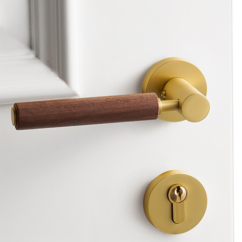 Cerradura de Puerta Interior de Latón para el Hogar, Suministro Directo de Fábrica, Totalmente en Cobre, Estilo Francés, Silenciosa, Magnética, Retro, con Manija de Madera de Cerezo para Dormitorio