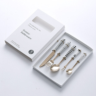 Vintage Hepburn style stainless steel tableware three-piece knife and fork spoon suit ceramic handle fork spoon gift box gift wholesale