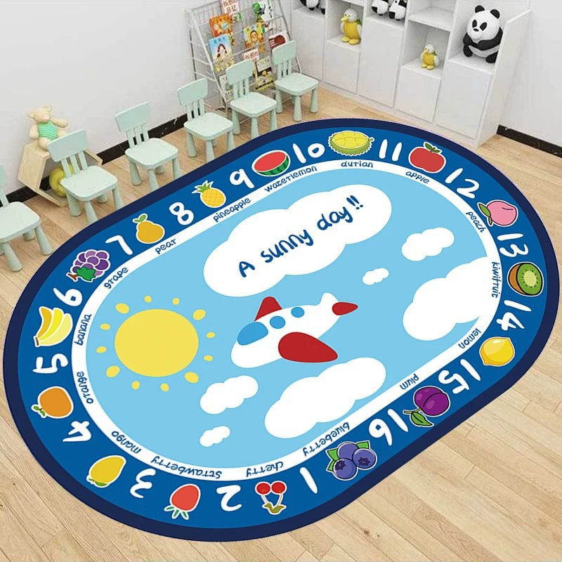 New Oval-Shaped Cartoon Crystal Velvet Carpet, Children's Room Reading Area Foot Mat, Kindergarten Game Mat