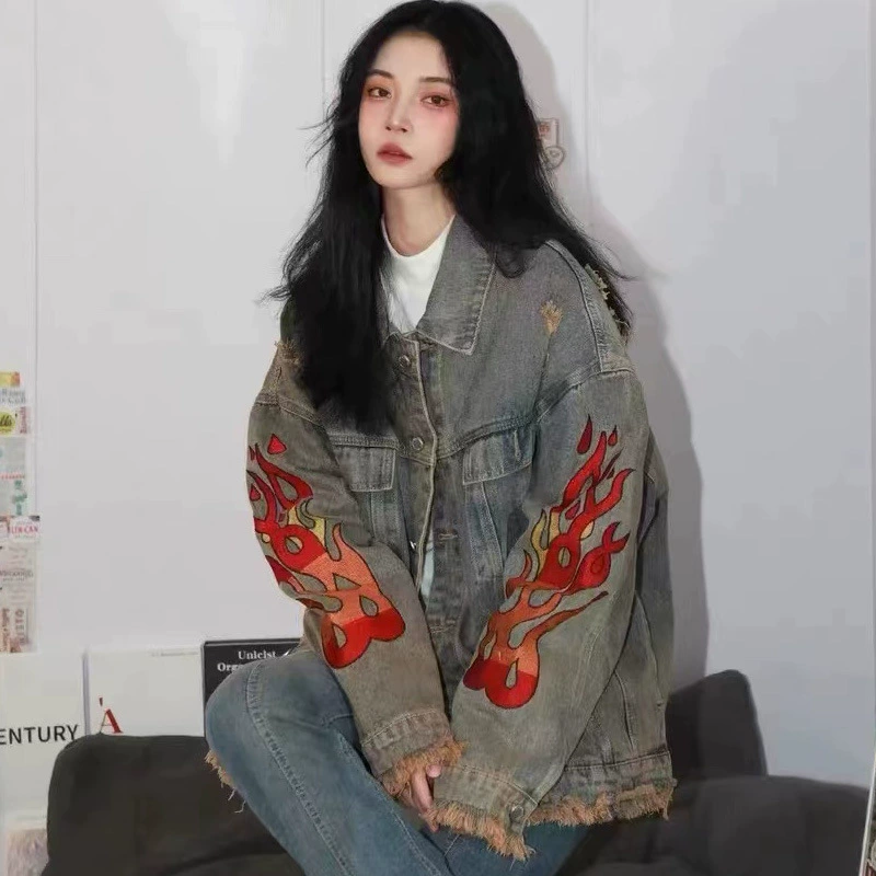 Потертое потертое джинсовое пальто с принтом тай-дай, Женская куртка средней длины, весенне-осенняя куртка для пар с вышивкой пламени и рваными заусенцами
