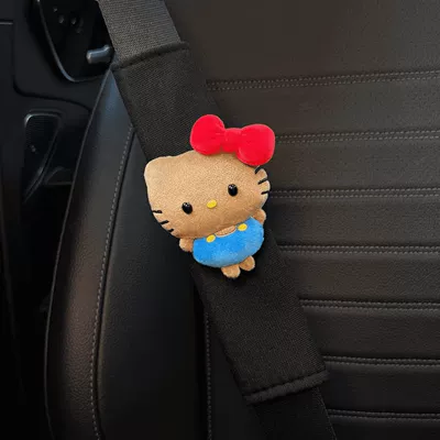 Black Leather Mini Hello Seat belt shoulder pad - exquisite-face-black-leather-and-red-knots-kt-black-shoulder-pads