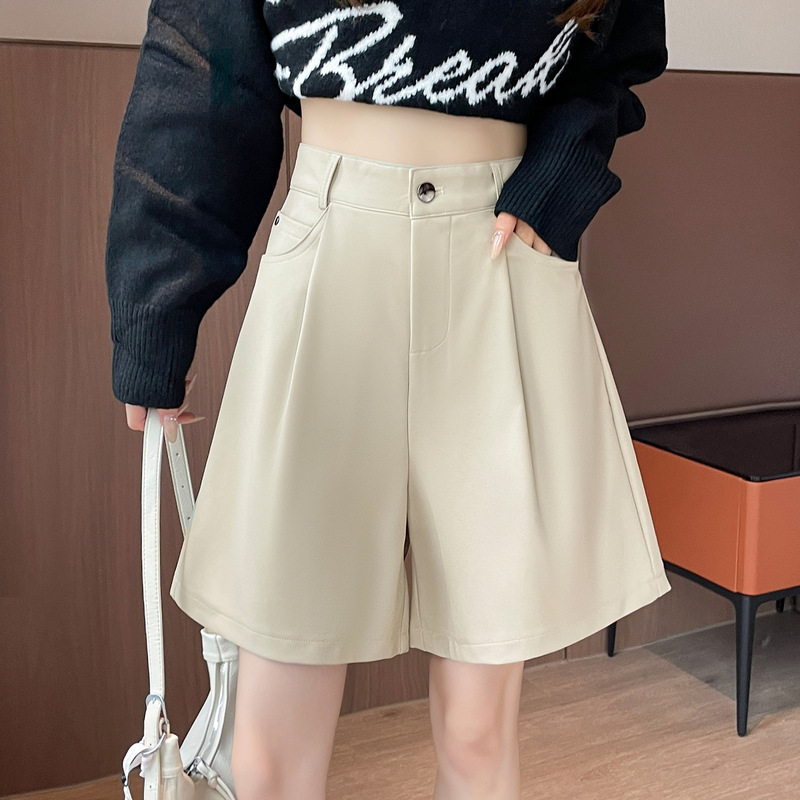 2024 Leather Shorts Women's Autumn and Winter PU Korean Style Leather Pants A- line High Waist Wide Leg Pants Loose Slimming Straight Pants