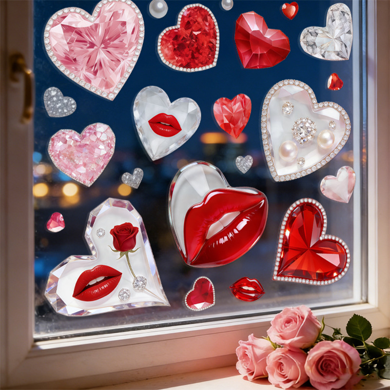 Labios rojos, piedras preciosas de amor, decoración del día de San valentín, pegatinas de puertas de vidrio electrostáticas, fiesta del festival, diseño de tiendas rosas y blancas image 4