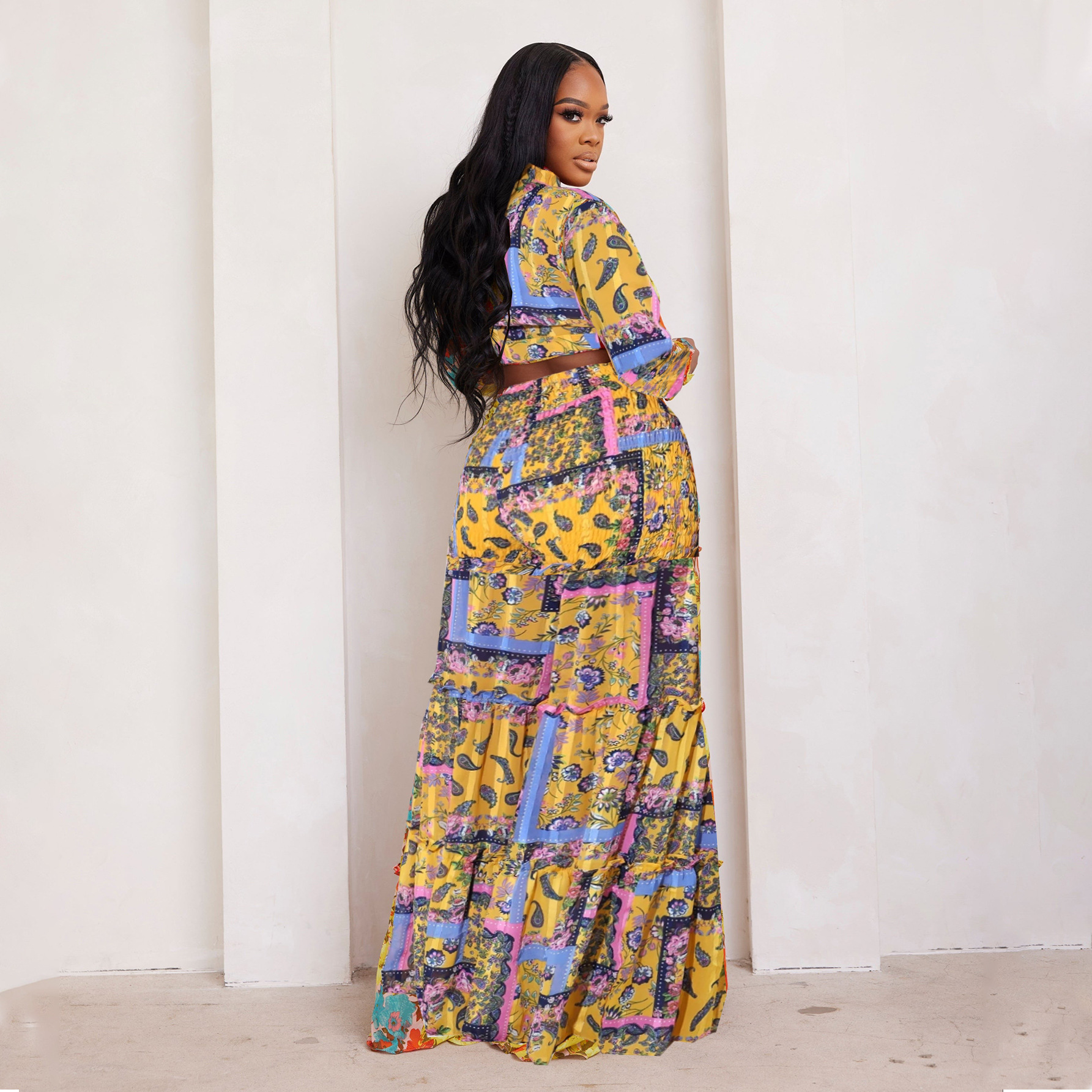 Women's Clothing fashion contrast color printed chiffon long sleeved lace up flared pants two piece suit _voghion.com