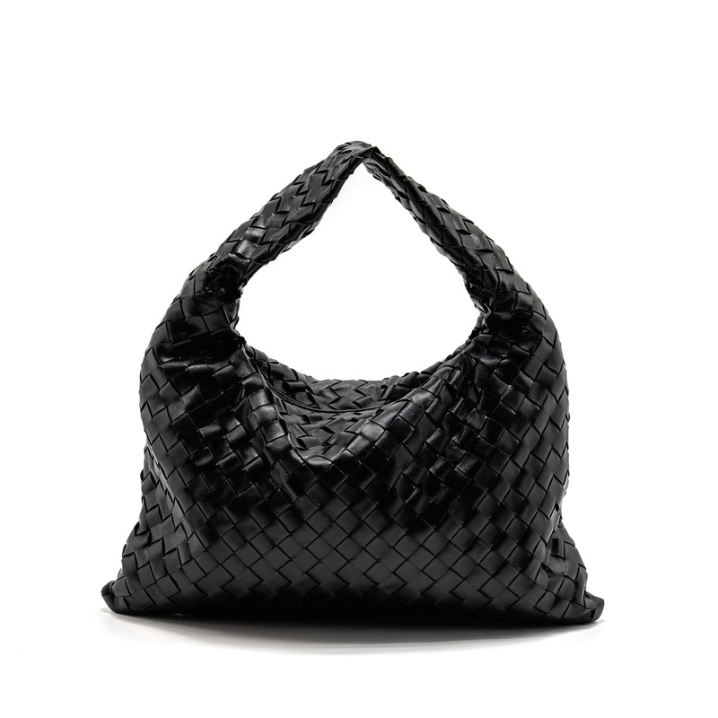 [Cross-Border Exclusive] Bv Woven Large-Capacity Shoulder Bag for Women, Fashionable and Versatile Tote Bag, Black Genuine Leather Underarm Bag