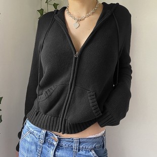 Cross-border Foreign Trade Warm Hooded Zipper Cardigan Pocket Design Solid Color Sweater Jacket Slimming Short Temperament Top