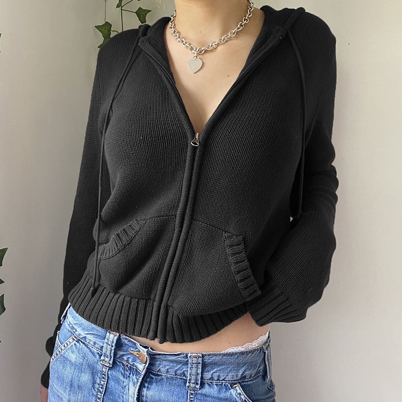 Cross-border trade warm hooded zip-up cardigan with pockets, solid color sweater coat, slimming short style, elegant top