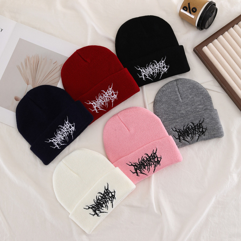 Cross-Border European and American Personalized Niche Embroidered Knitted Hat Street Trendy Hip-Hop Cold Hat Pure Color Warm Woolen Hat Cold Hat