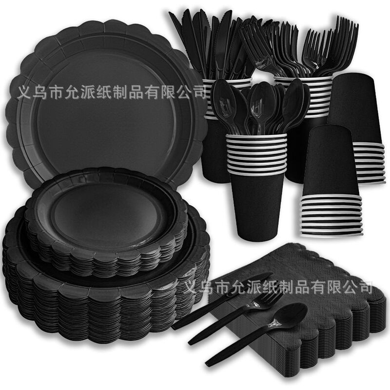 Solid Black Suit Children's Birthday Holiday Party Disposable Tableware Paper Plate Dinner Plate Knife Fork Spoon Solid Black Suit Children's Birthday Holiday Party Disposable Tableware Paper Plate Dinner Plate Knife Fork Spoon