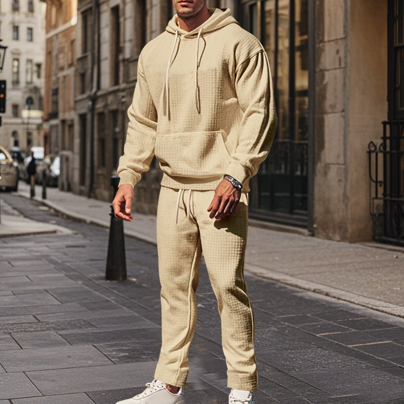 Men's Clothing heavy jacquard small square long sleeved trousers hooded suit _voghion.com