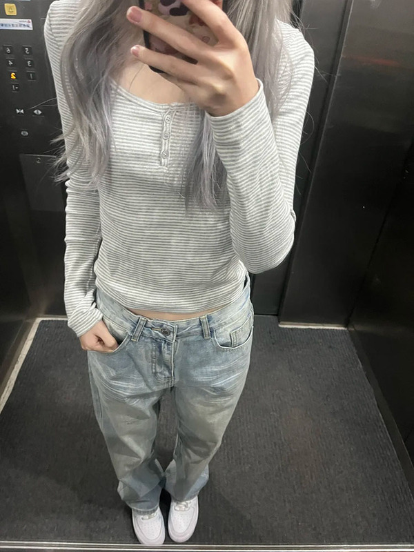 美式复古灰色条纹纽扣U领长袖T恤女早春修身打底衫甜辣bm短款上衣|undefined