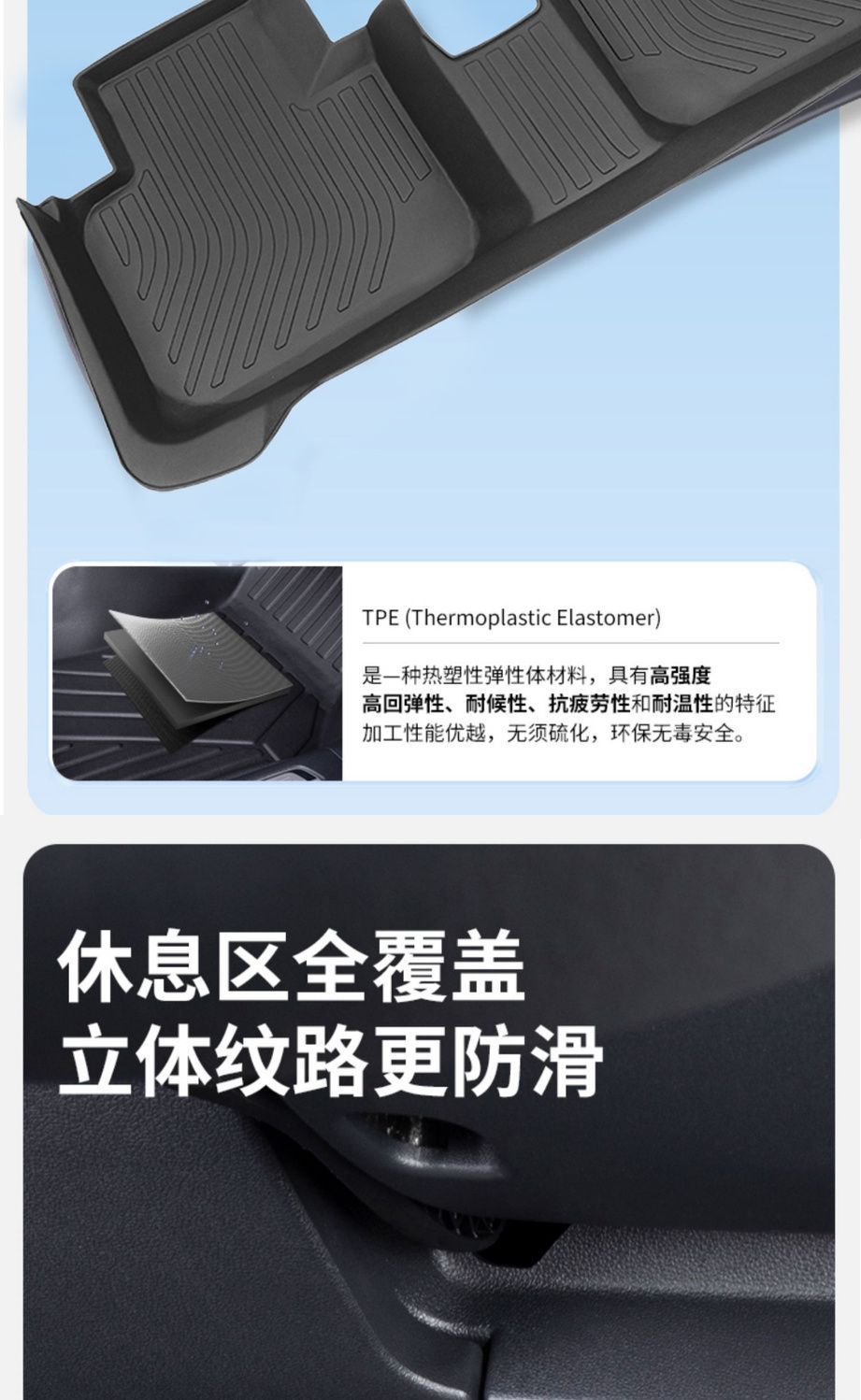 TPE car floor mat, full coverage for five-seater, single driver's seat, carpet-style, double-layer silk loop, upper layer for rear seats
