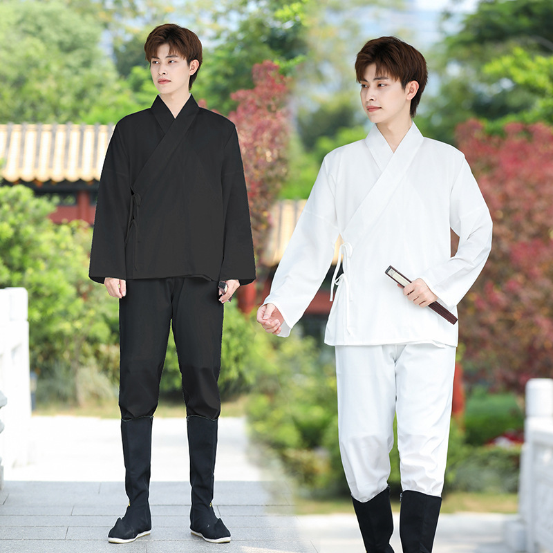 Chinese-style men's and women's Hanfu with collar antique black and white two-color long-sleeved Hanfu interior bottoming shirt trousers two-piece set
