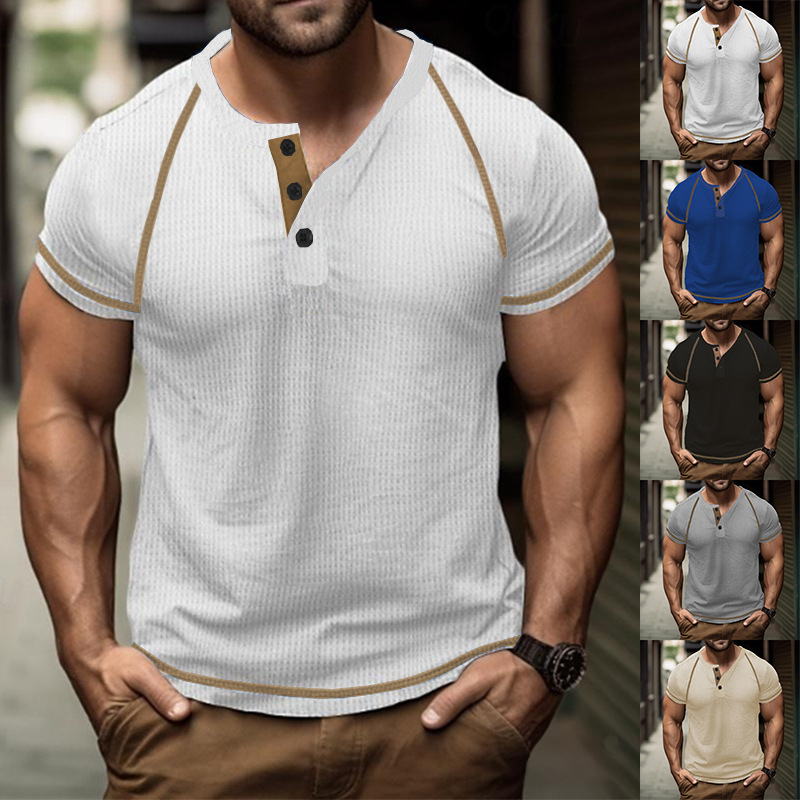 Large Round Neck Buckle Men's Summer Solid Oversized Waffle Casual Henry T_voghion.com
