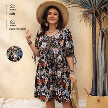 欧美跨境2025春夏大码女装休闲度假风印花圆领五分袖宽松连衣裙