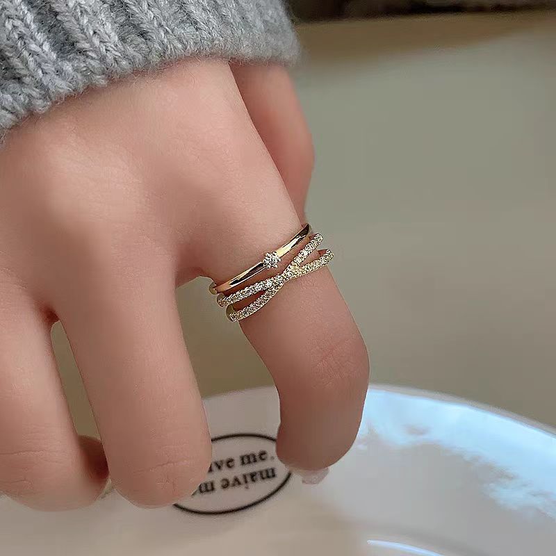 Gold Full Diamond Multi-Layer Cross Open Ring Women's Accessible Luxury High-End 2025 New Popular Niche Design Ring