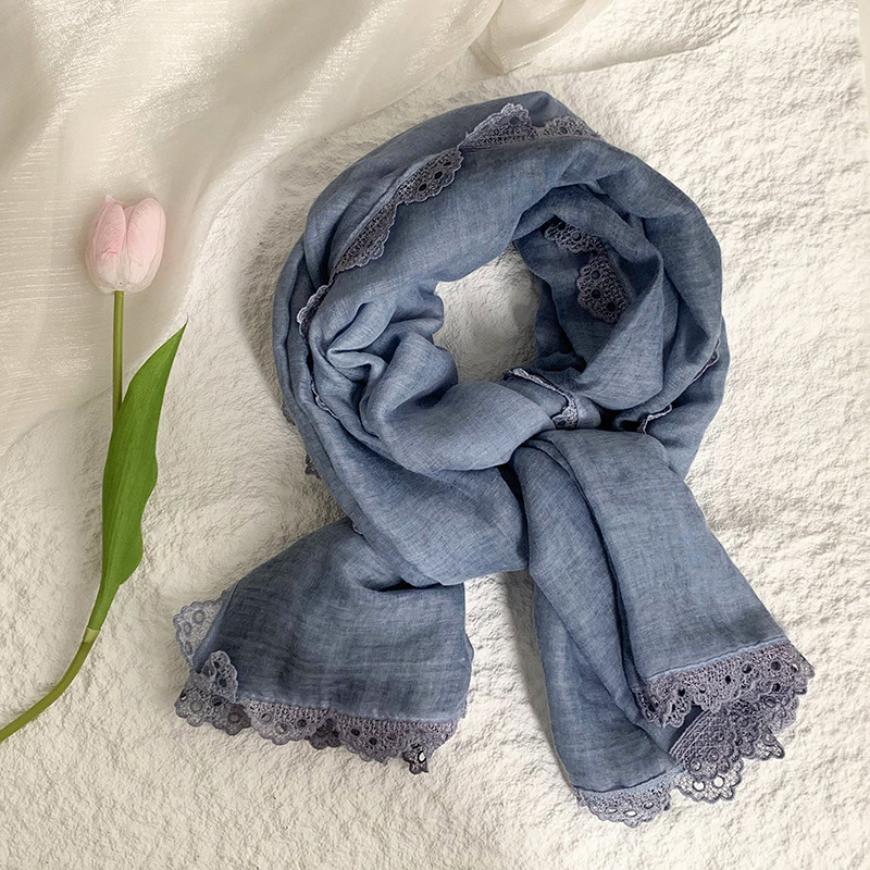 Bufanda Estilo coreano, primavera y otoño, nueva moda, color sólido, borde de encaje, cuello, bufanda larga, chal