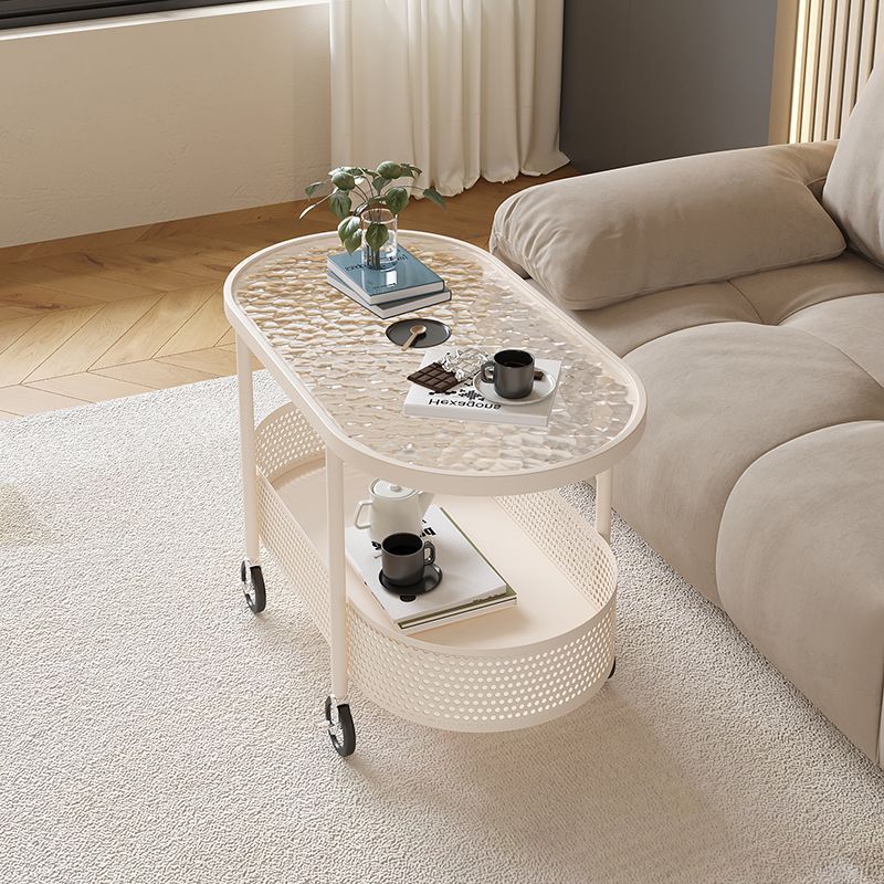 Cream Style Movable Coffee Table Small Apartment Living Room Home Sofa Side Table with Wheels Bedside Glass Trolley Factory