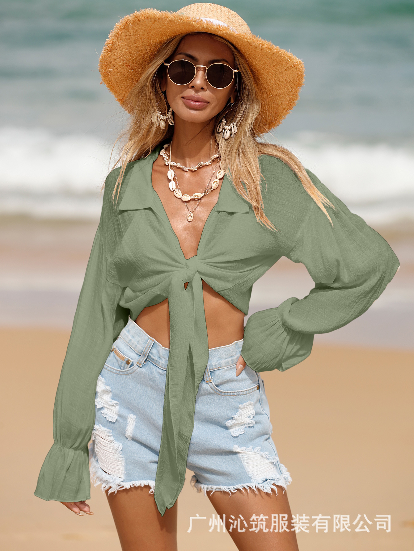 Blusa de playa transfronteriza protección solar frente encaje-arriba Camisa de algodón slub Amazon manga larga nueva playa protección solar camisa para mujeres