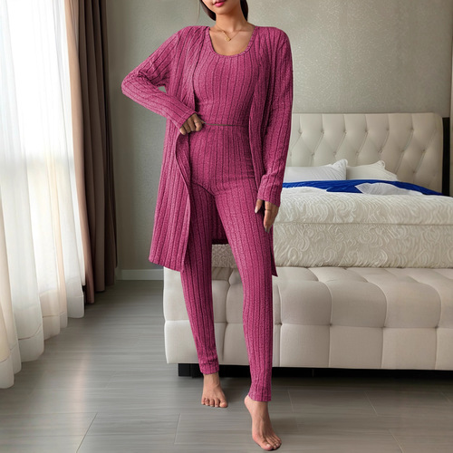 Autumn/Winter European and American Women's Casual V-Neck Sweater and Pants Set with Home Clothes Three-Piece Set