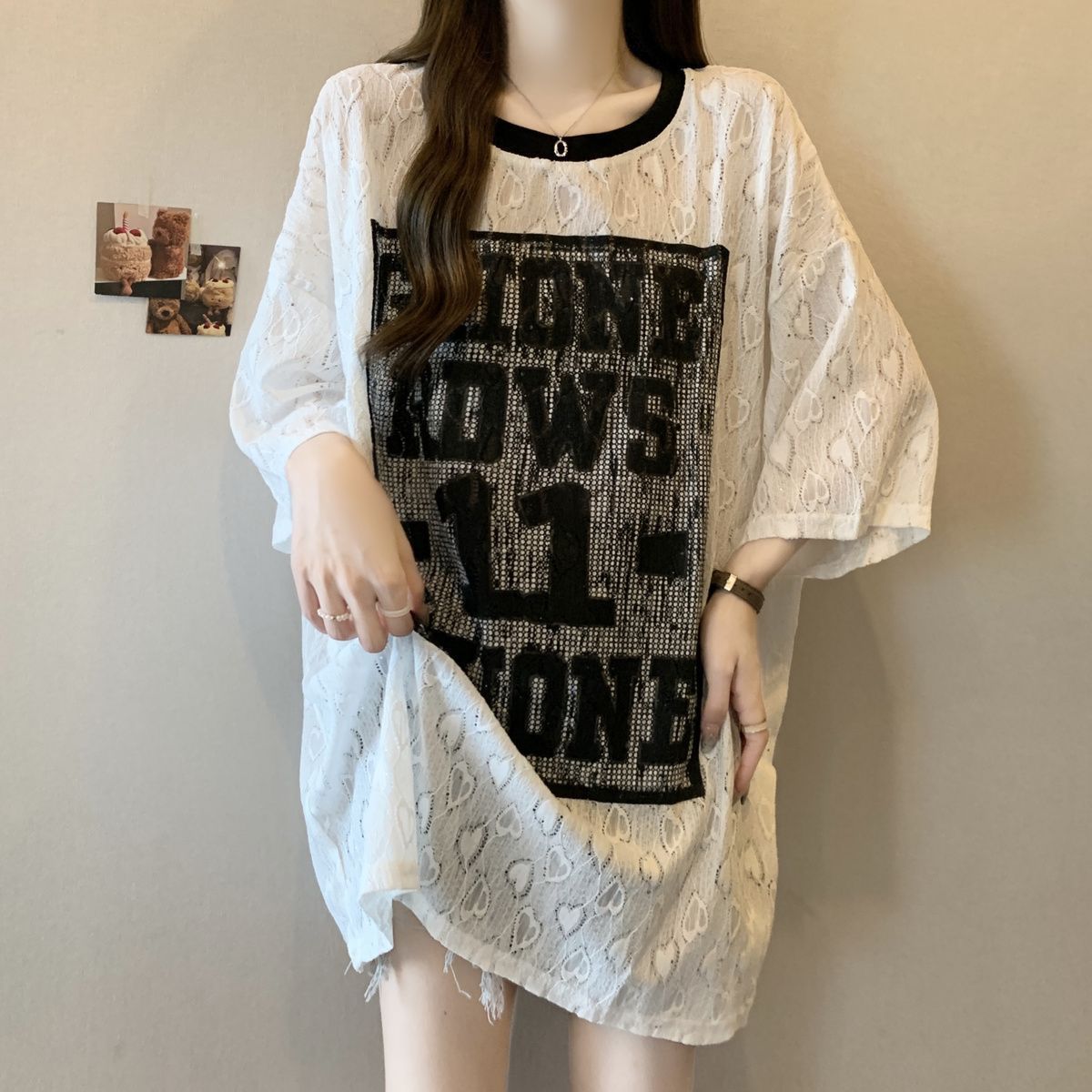 Camiseta de manga corta de encaje gypsophila de gran tamaño para mujer 2024 verano nuevo estilo suelto y delgado mm top estampado para mujer ins