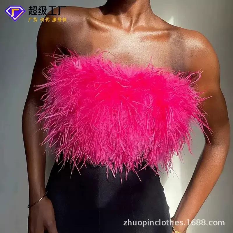 欧美定制潮酷高端鸵鸟毛毛派对上衣性感辣妹修身露脐超短抹胸上衣