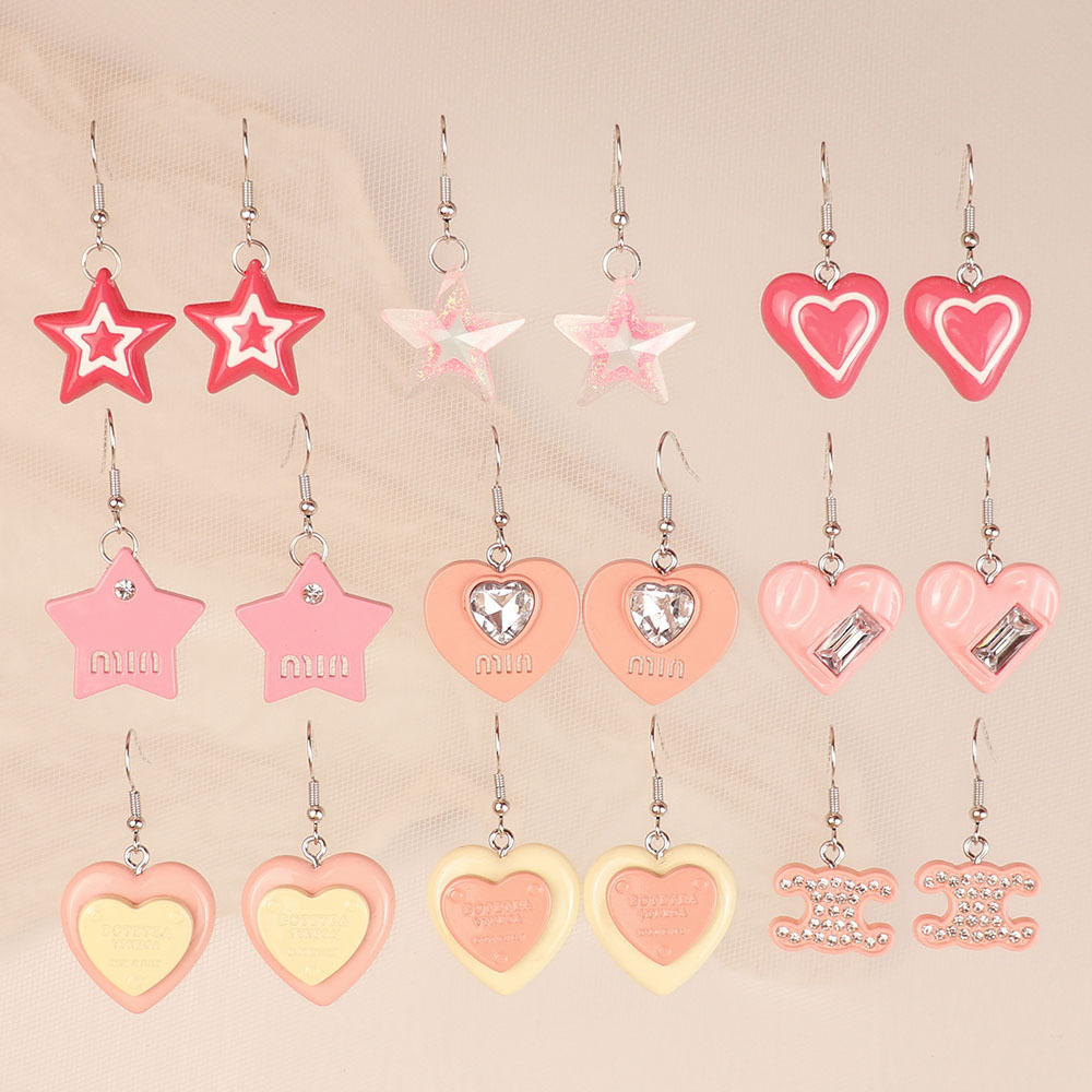 可爱甜酷玫粉星星五角星双层带钻爱心亚克力耳环 创意少女心耳钩