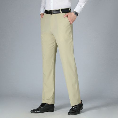 Summer Men's Thin Ice Silk Casual Straight Leg Plain Color Large Size Western Pants for Middle-Aged and Elderly Business Formal Long Pants