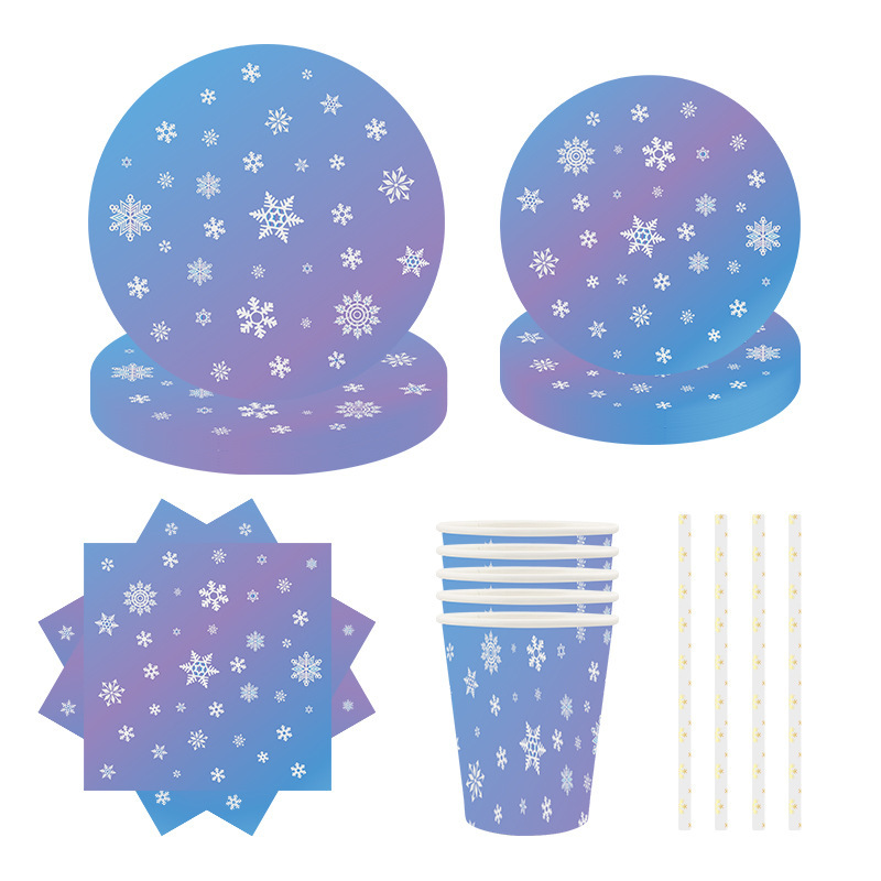 Spot Hot Selling Blue Background Christmas Snowflake Theme Party Supplies Disposable Paper Plates Paper Cups Paper Towels Straw Spot Hot Selling Blue Background Christmas Snowflake Theme Party Supplies Disposable Paper Plates Paper Cups Paper Towels Straw