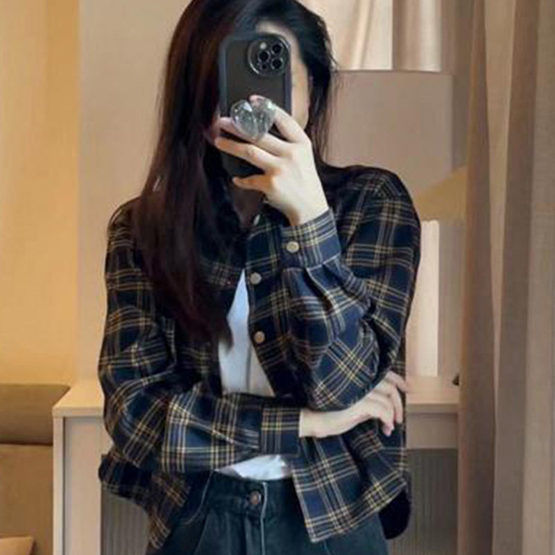 Official Figure Vintage Polyester Cotton Plaid Shirt Women's Long-sleeved Short Coat Spring and Autumn Design Sense Niche