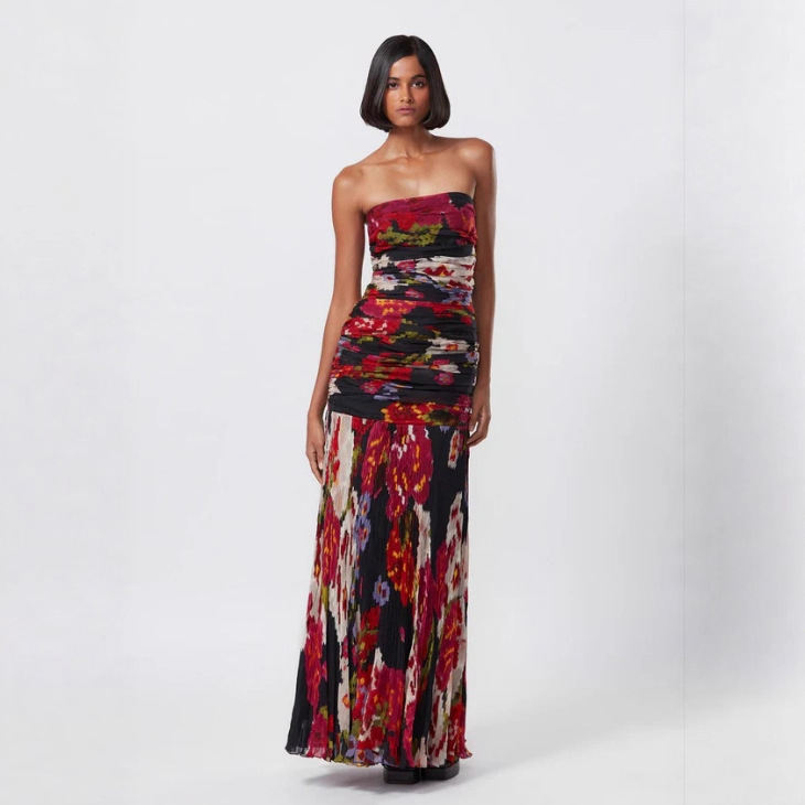 2025 Women's Miscellaneous Dresses Foreign Trade Women's Printed Slim Cross-Border Goods European and American Long Skirts