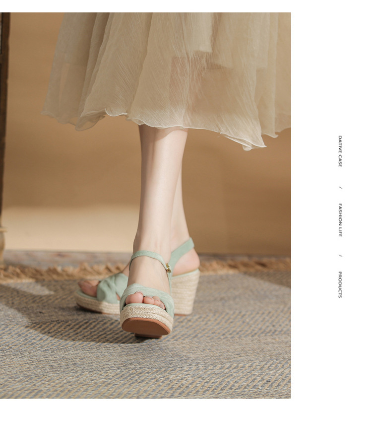 Sandal cao gót nữ hở mũi đế xuồng gót cao 9 cm, quai ngang đan dây thừng — Xanh lá cây nhạtcolor chi tiết 16