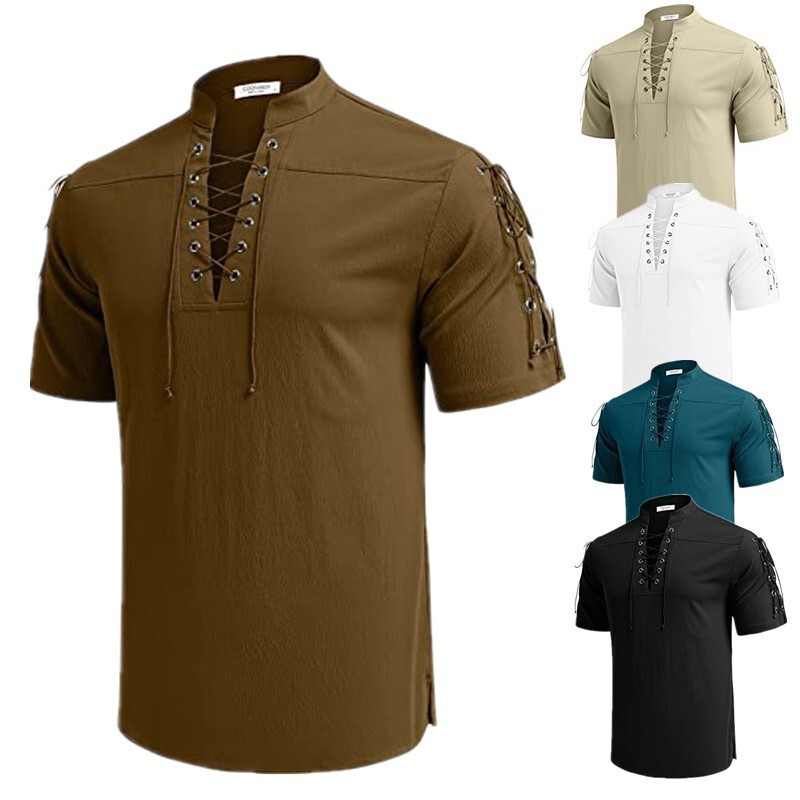 2025 Amazon Independent Station Men's Beach Shirt Short Sleeve Tie Hippie T-Shirt V-Neck Pirate Shirt