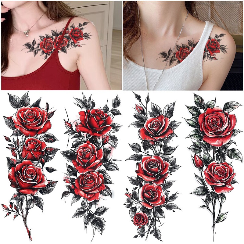 Cross-Border Set of New Red Rose Party Large Pattern Water Transfer Disposable Temporary Fake Tattoo Stickers