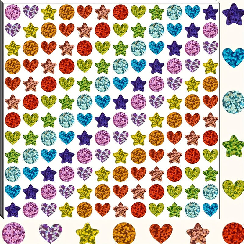 144 Stickers/Sheet Holographic Laser Geometric Stickers in Round, Star, and Heart Shapes Suitable for School Classrooms and Gift Envelopes