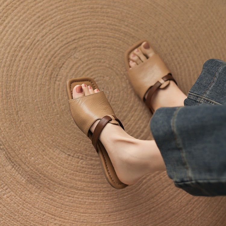 Dép sandal nữ xỏ ngón đế bệt phối màu hở mũi thời trang — màu trắng ngà, màu mơ chi tiết 78