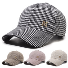 帽子女秋冬款千鸟格烫钻M字母时尚休闲棒球帽毛呢保暖鸭舌帽子男