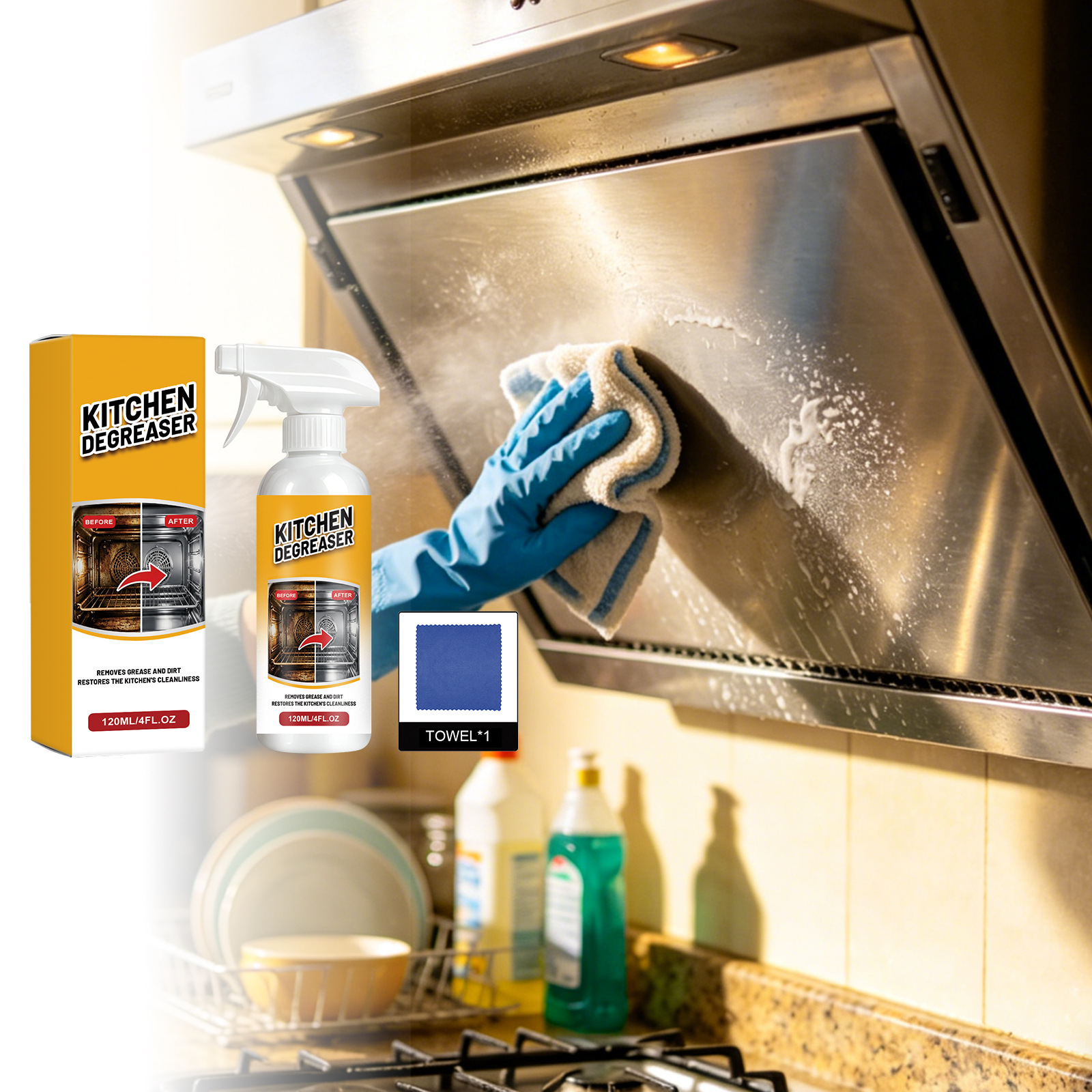 Kitchen Grease Cleaning Spray for Cleaning Stove Tops and Range Hoods, Household Grease Stain Remover with a Gentle Formula