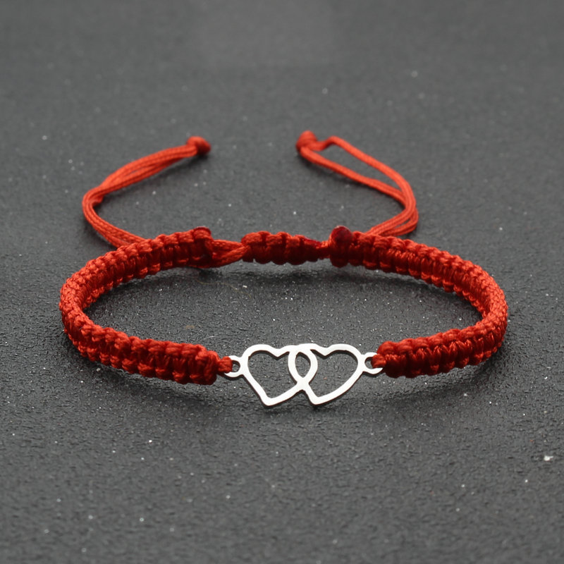 Cross-border New Stainless Steel Double Love Bracelet Couple Handmade Woven Adjustable Red Rope Bracelet Friendship Bracelet