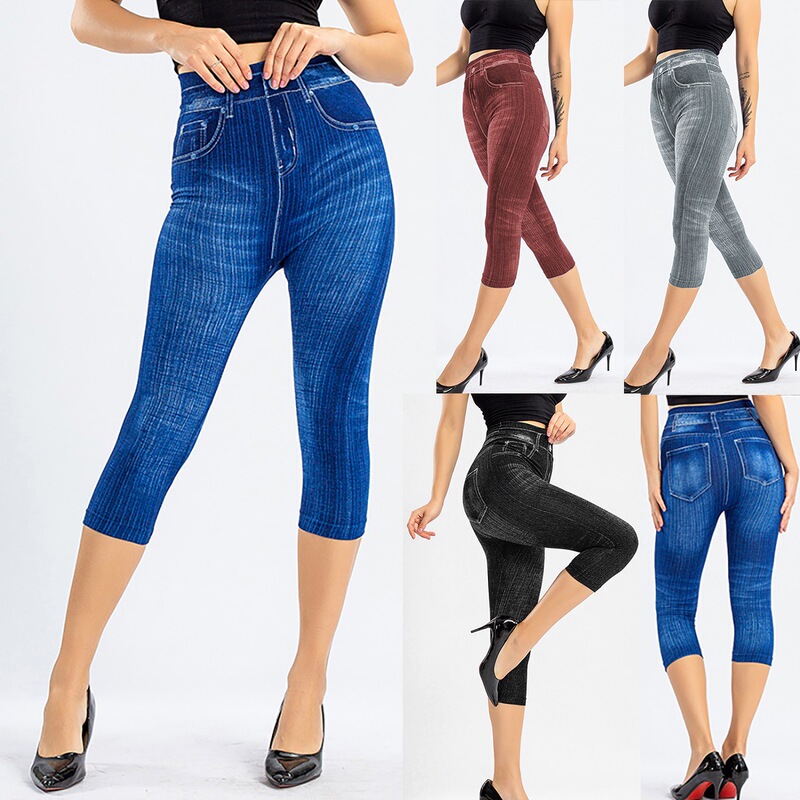 Cross-border Hot Selling Trousers Vertical Strip Pattern Imitation Denim Leggings Printed Pants Outer Wear Fitness High Elastic Slim Cropped Pants Cross-border Hot Selling Trousers Vertical Strip Pattern Imitation Denim Leggings Printed Pants Outer Wear Fitness High Elastic Slim Cropped Pants