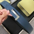 Silver buckle with brushed silver plate buckle, blue lychee grain strap, 3.8cm wide