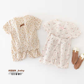 韩版薄款碎花短袖短裤睡衣套装冰丝凉感空调服中小童家居服两件套