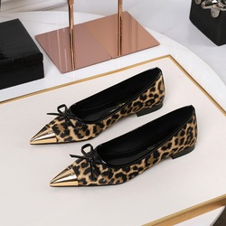 2161-1 French shallow leopard print single shoe with bow metal pointed satin versatile evening style flat commuting women's shoes
