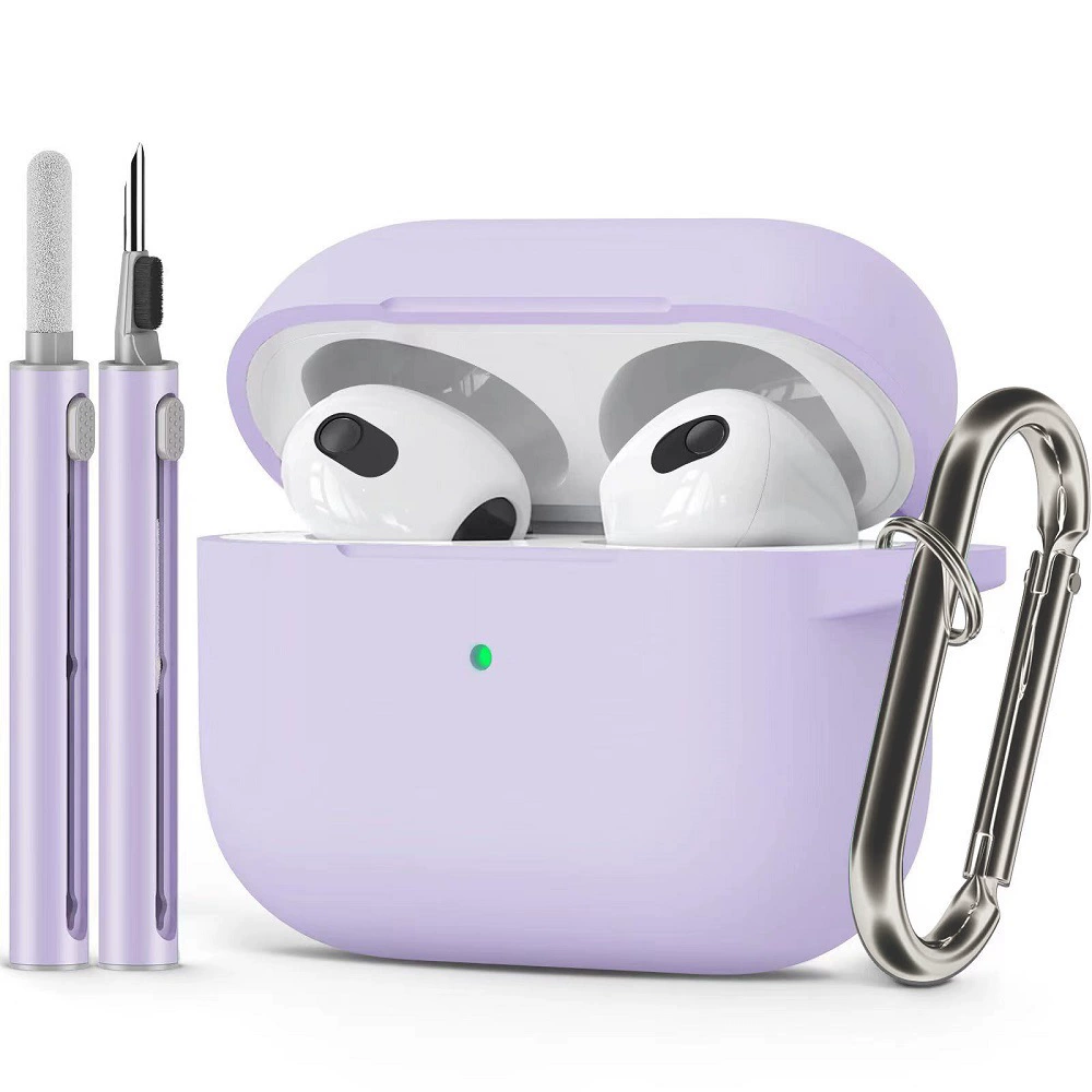Защитный чехол (совместим с Apple AirPods) с однотонным карабином и чистящей палочкой, лёгкий