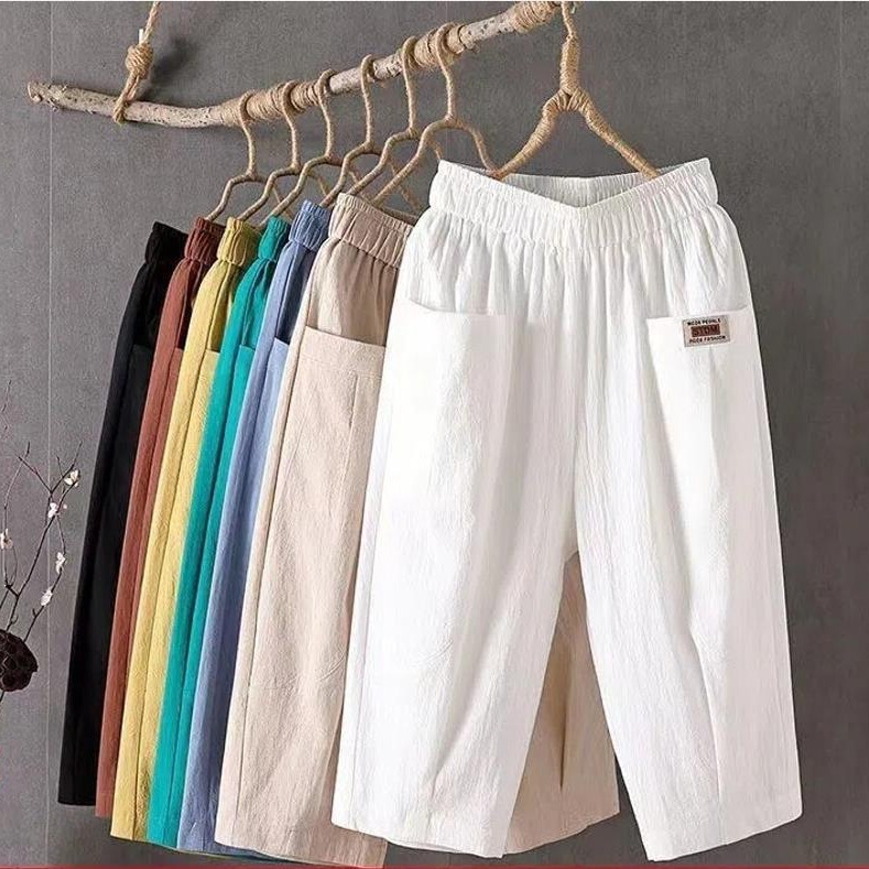 Women's cotton and linen cropped pants summer loose plus size linen elastic waist tapered harem pants versatile casual pants 8207