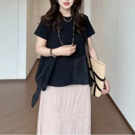 大码女装黑色短袖荷叶边T恤女夏季微胖mm宽松显瘦遮肚百搭上衣