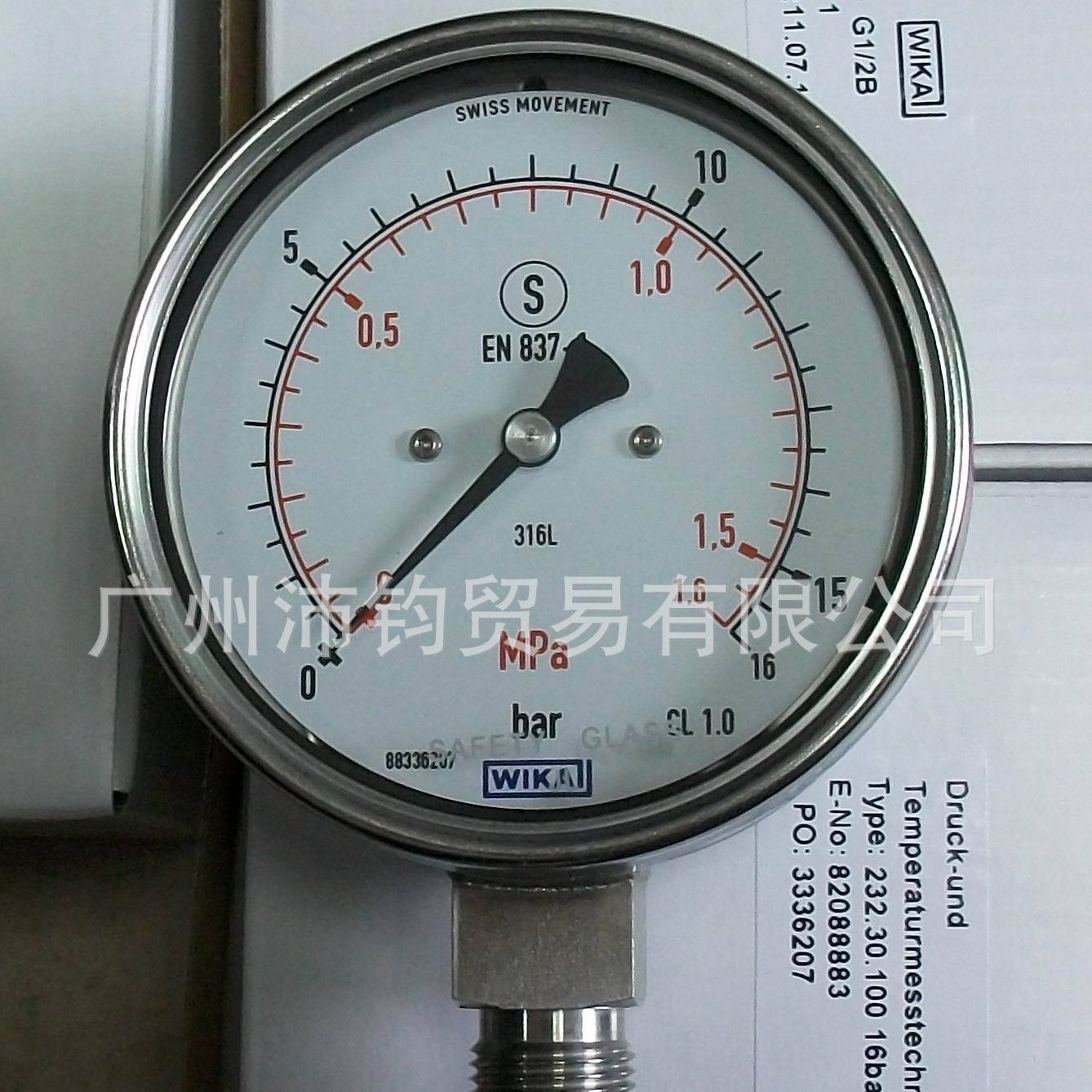 德国WIKA威卡233.50不锈钢316L防腐压力表0-1.6MPA供气供水压力表