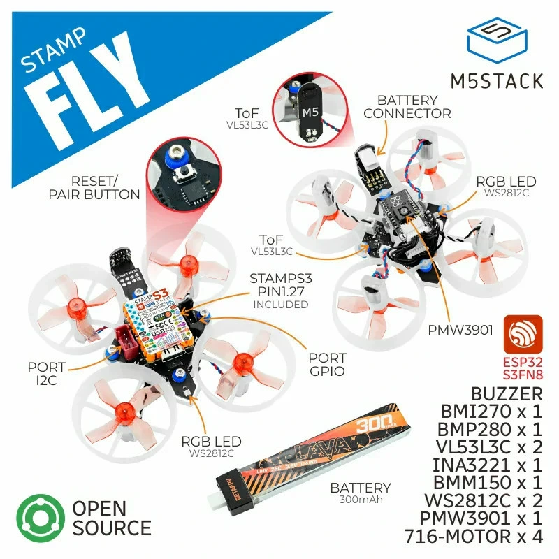 Дрон M5Stamp Fly — программируемый открытый квадрокоптерный набор с автопилотом